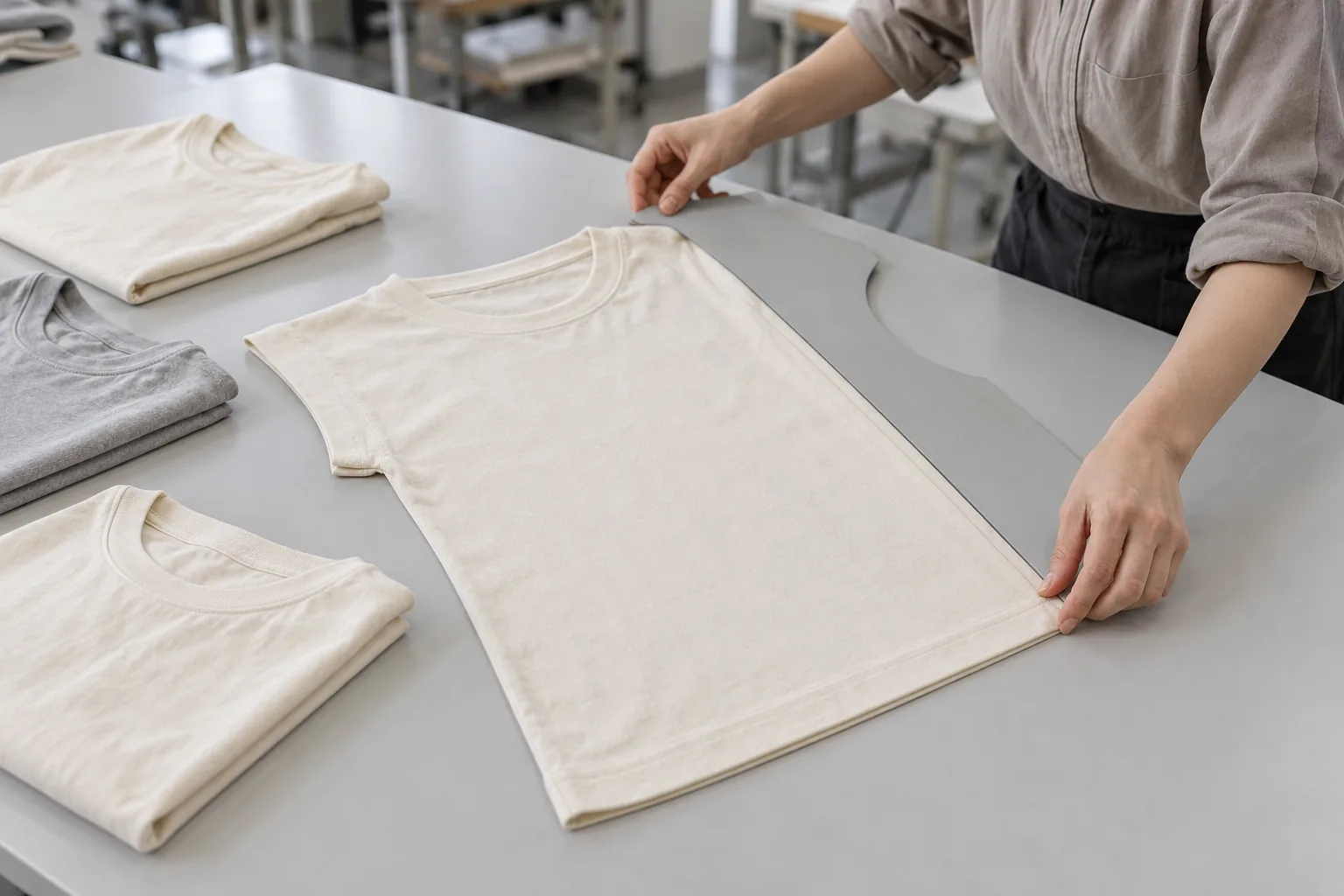 Inspector measuring a finished garment beside a small QC sample group