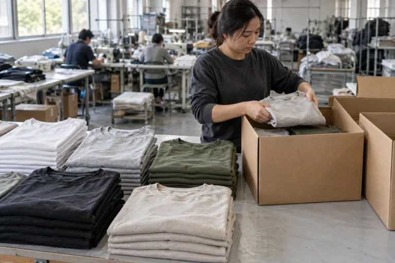 Photorealistic apparel factory documentary photograph of neatly folded finished casualwear tops beside open unmarked shi