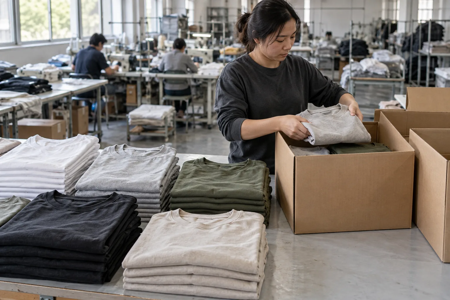 Photorealistic apparel factory documentary photograph of neatly folded finished casualwear tops beside open unmarked shi
