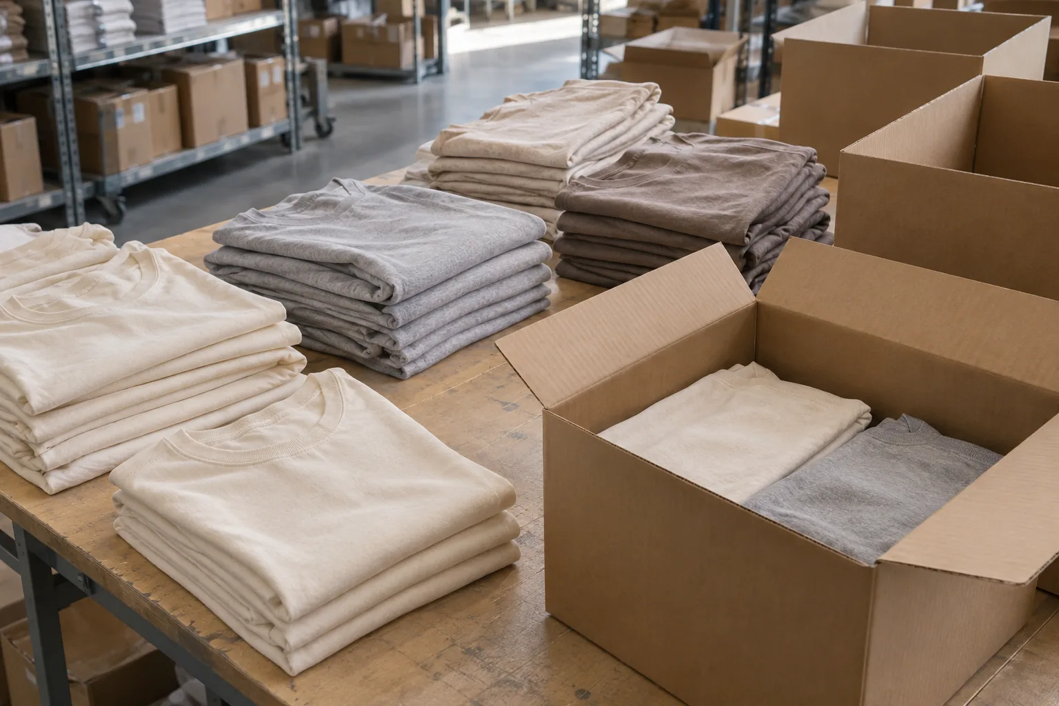 Finished plain garments folded beside open shipping cartons at a packing station