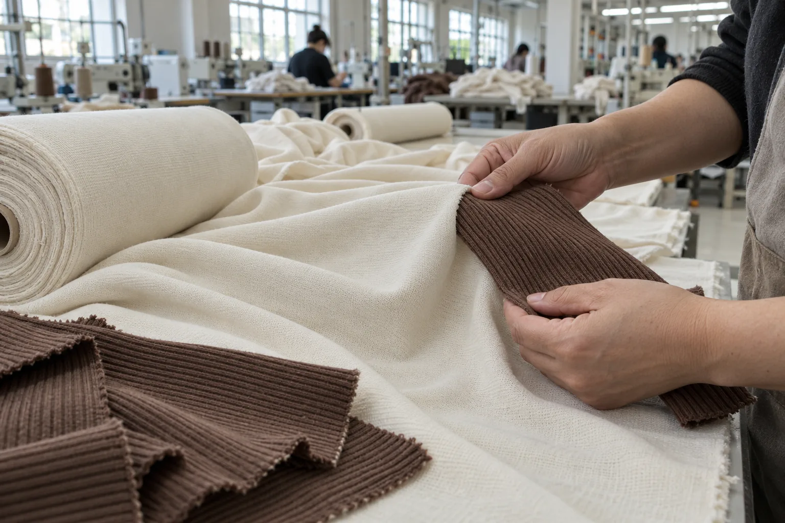 Fabric rolls and matching rib swatches being compared on a cutting table