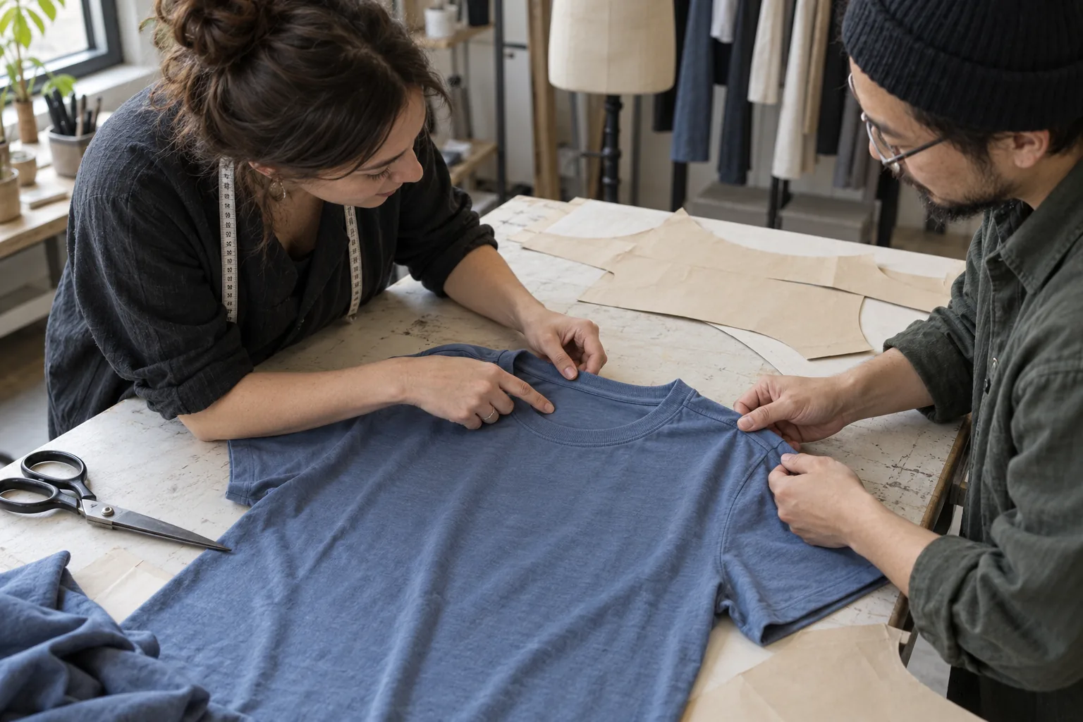 Buyer and sample technician examining the neckline of a plain jersey sample