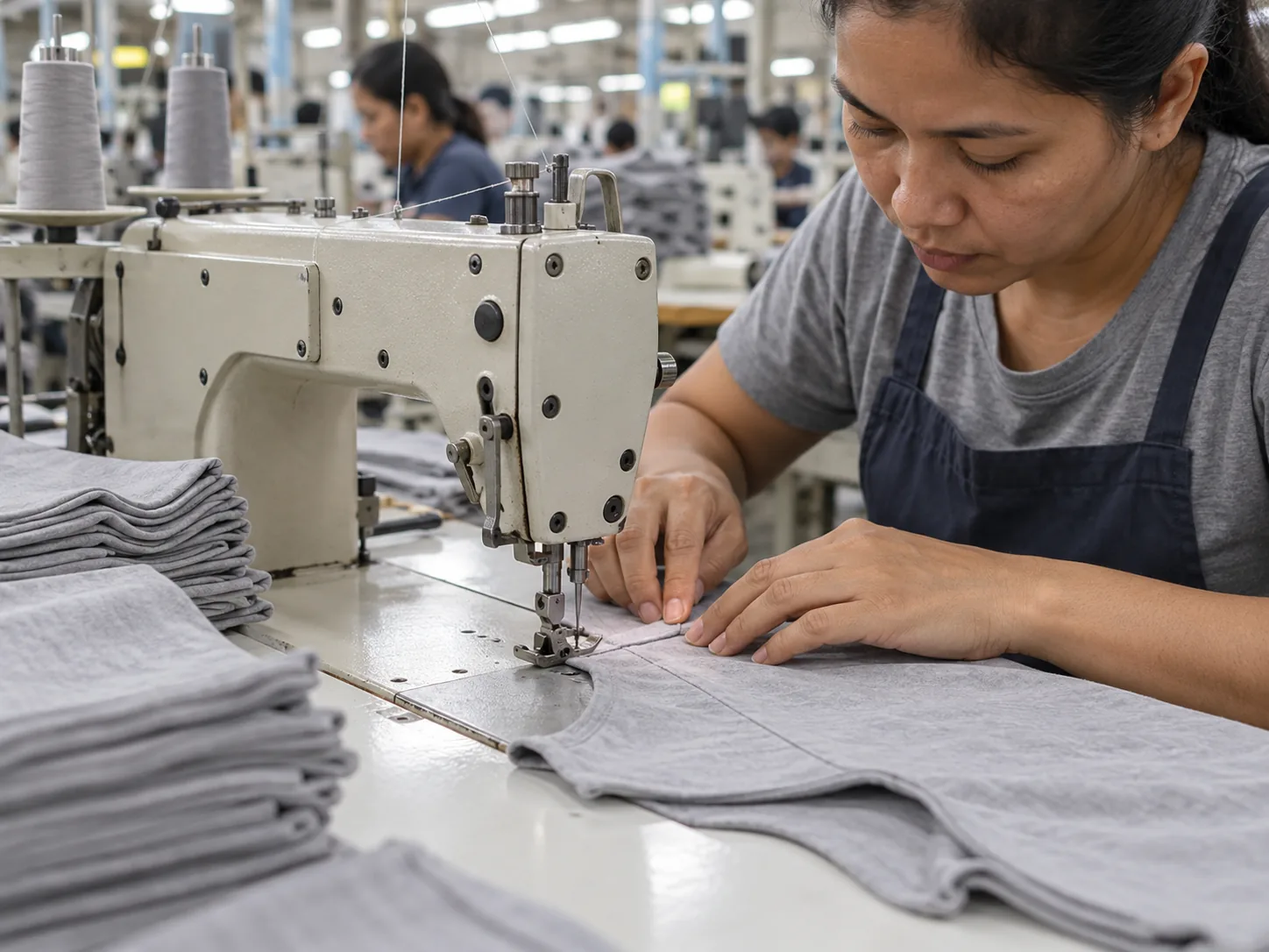 Sewing operator assembling plain cotton garments with sorted bundles beside the machine