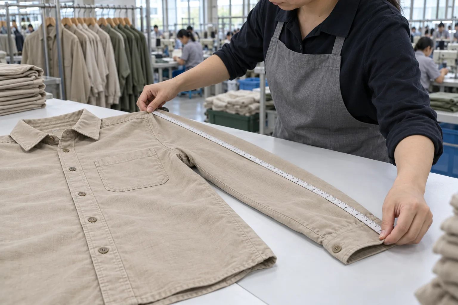 Photorealistic apparel factory documentary photograph of a quality inspector measuring a plain unbranded cotton overshir