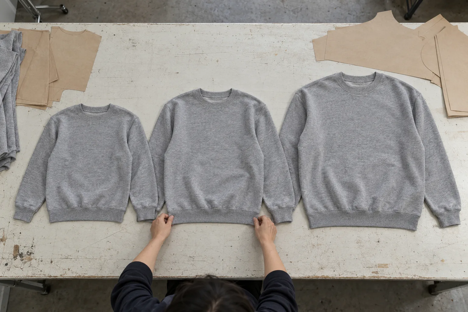Sample sweatshirts in several sizes arranged for a range review