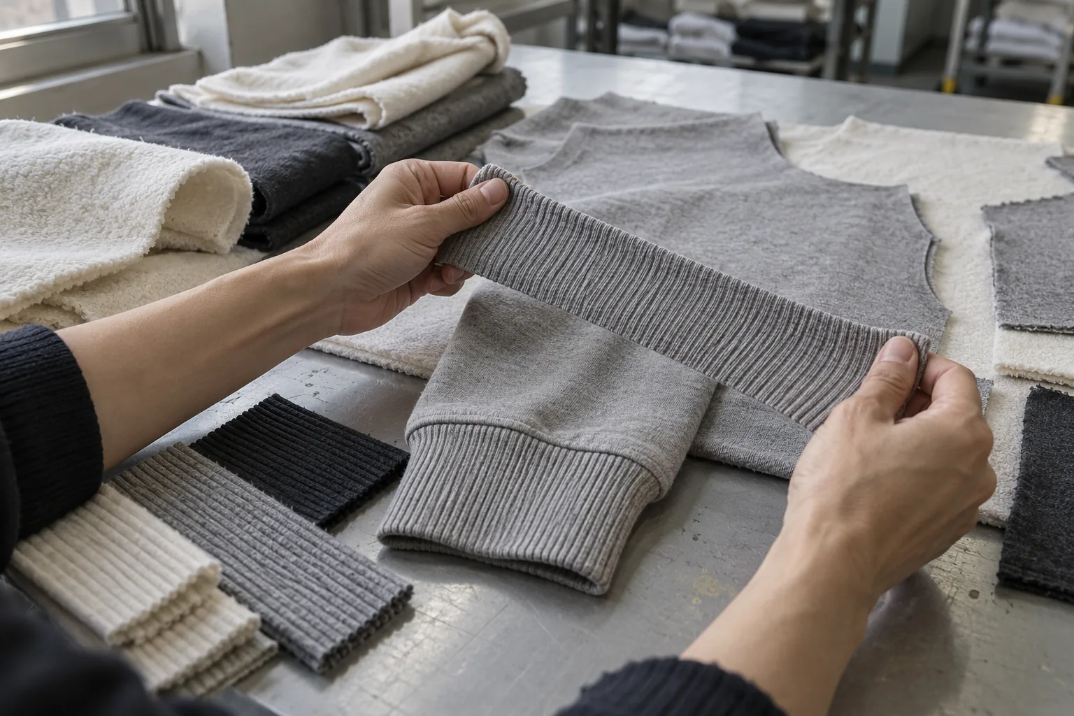 Fabric swatches and cut panels being compared before sample assembly