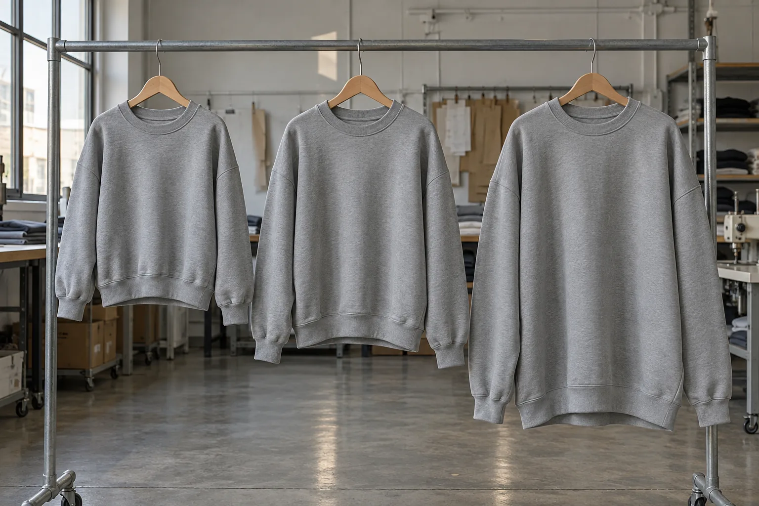 Photorealistic apparel documentary photograph of finished unbranded oversized sweatshirts in three visibly different siz