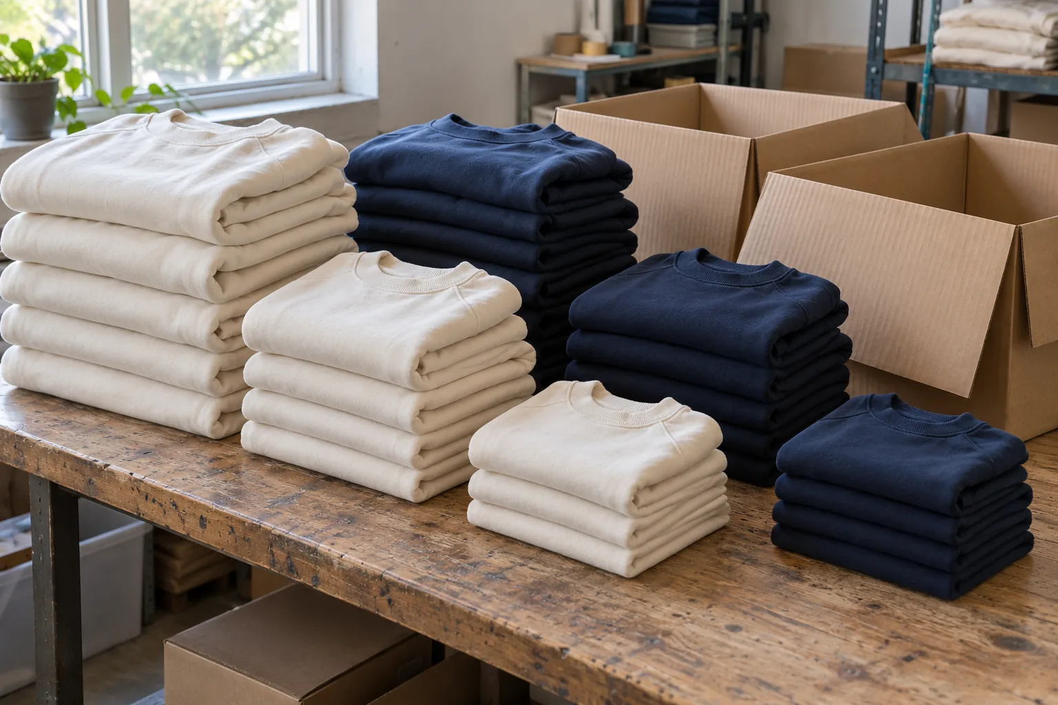 Finished sweatshirts arranged beside cartons in a garment packing area