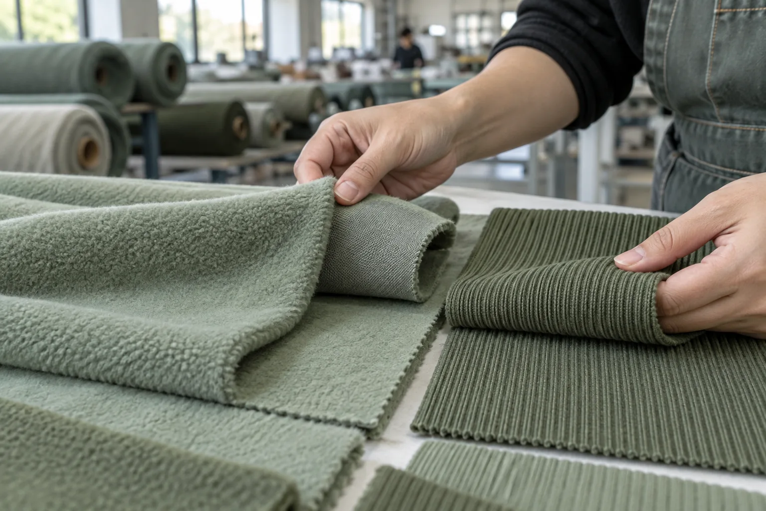 Fabric swatches and matching rib samples being compared on an inspection table