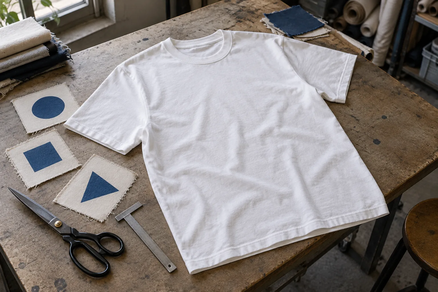 Sample T-shirt and decorated fabric test pieces on a garment development table