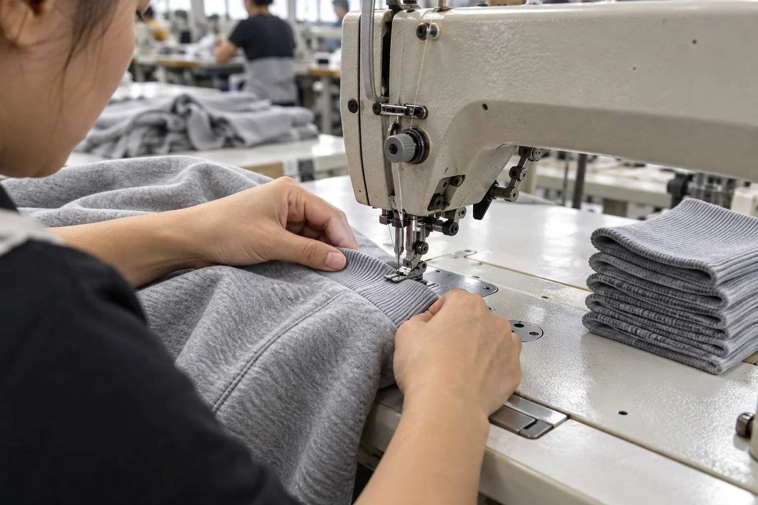 Sewing operator attaching rib cuffs to a plain sweatshirt