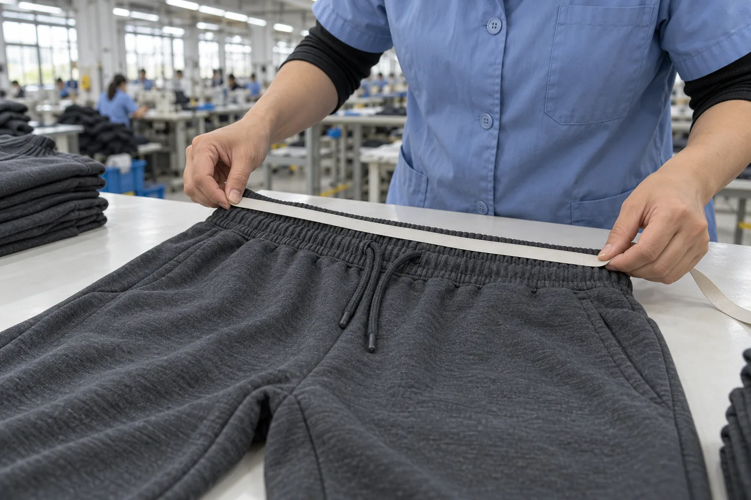 Photorealistic apparel factory documentary photograph of a quality inspector measuring the waistband of plain charcoal j