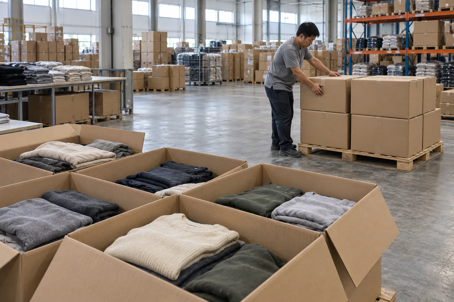 Finished garments packed beside shipping cartons at a factory dispatch area