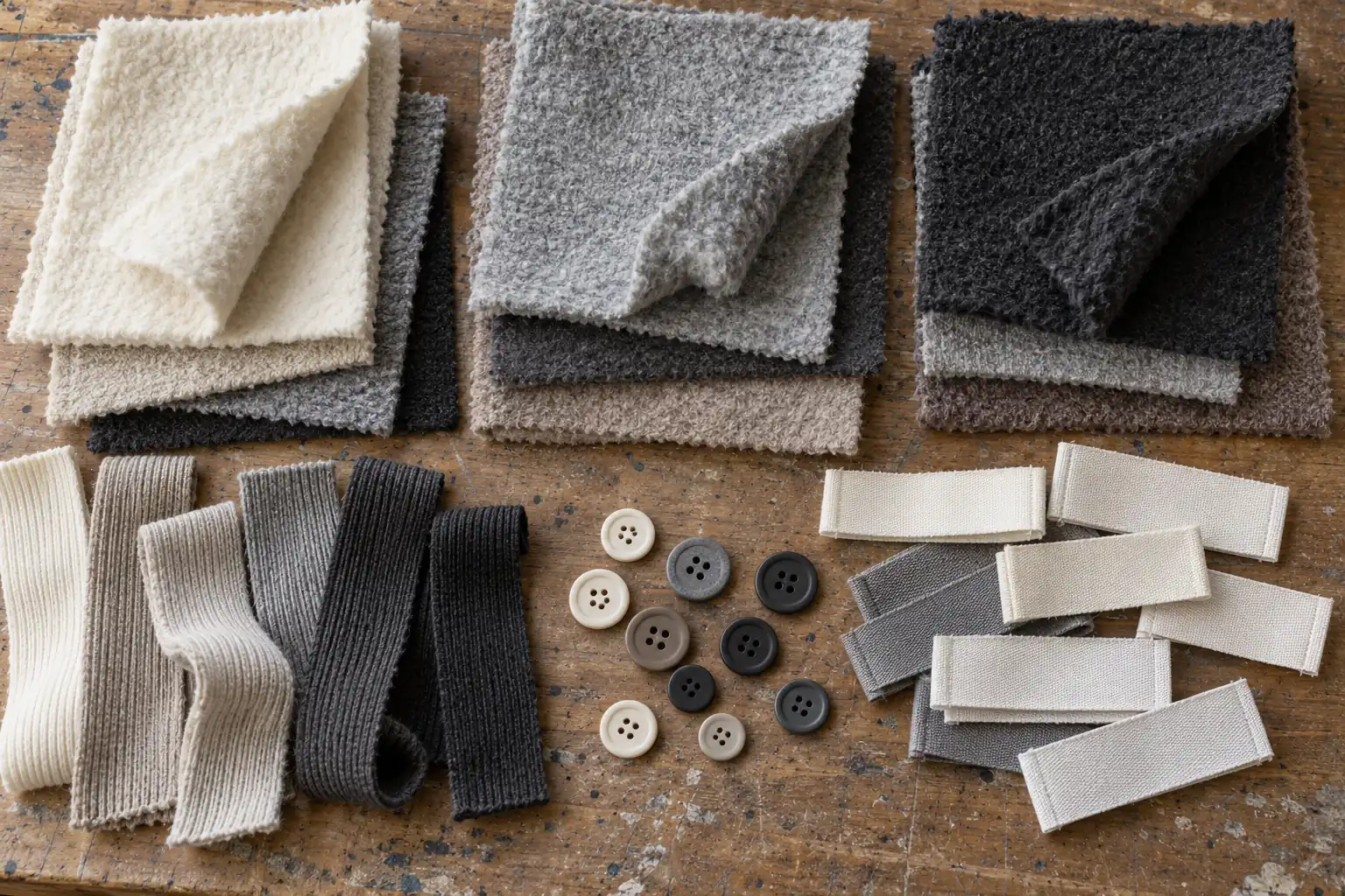 Fabric swatches, rib samples, and garment trims laid out for cost review