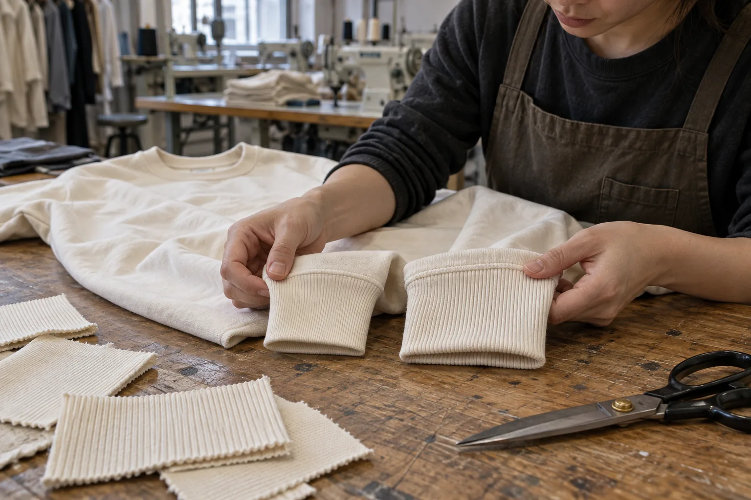 Technician comparing a sweatshirt sample with fabric and cuff options on a sampling table
