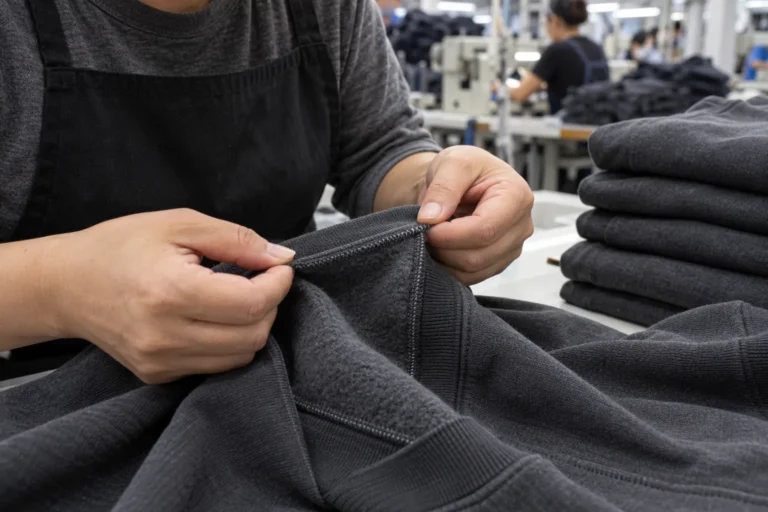 Photorealistic apparel factory documentary photograph of a quality inspector examining the seam of a plain charcoal swea