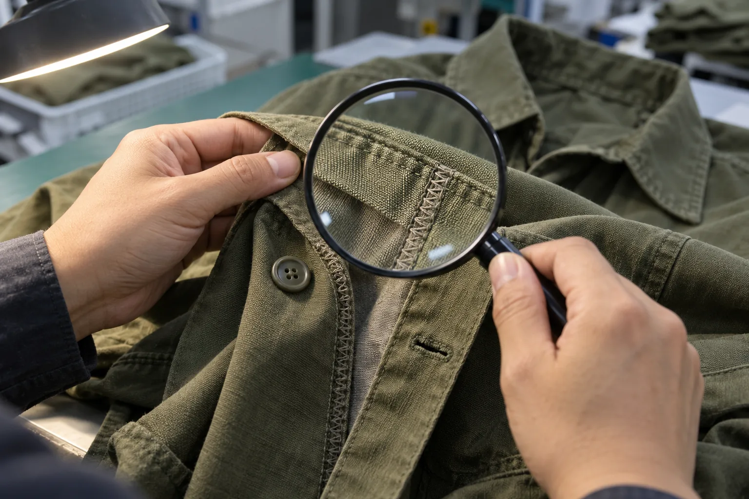 Inspector examining an overshirt seam and button closure at a quality station
