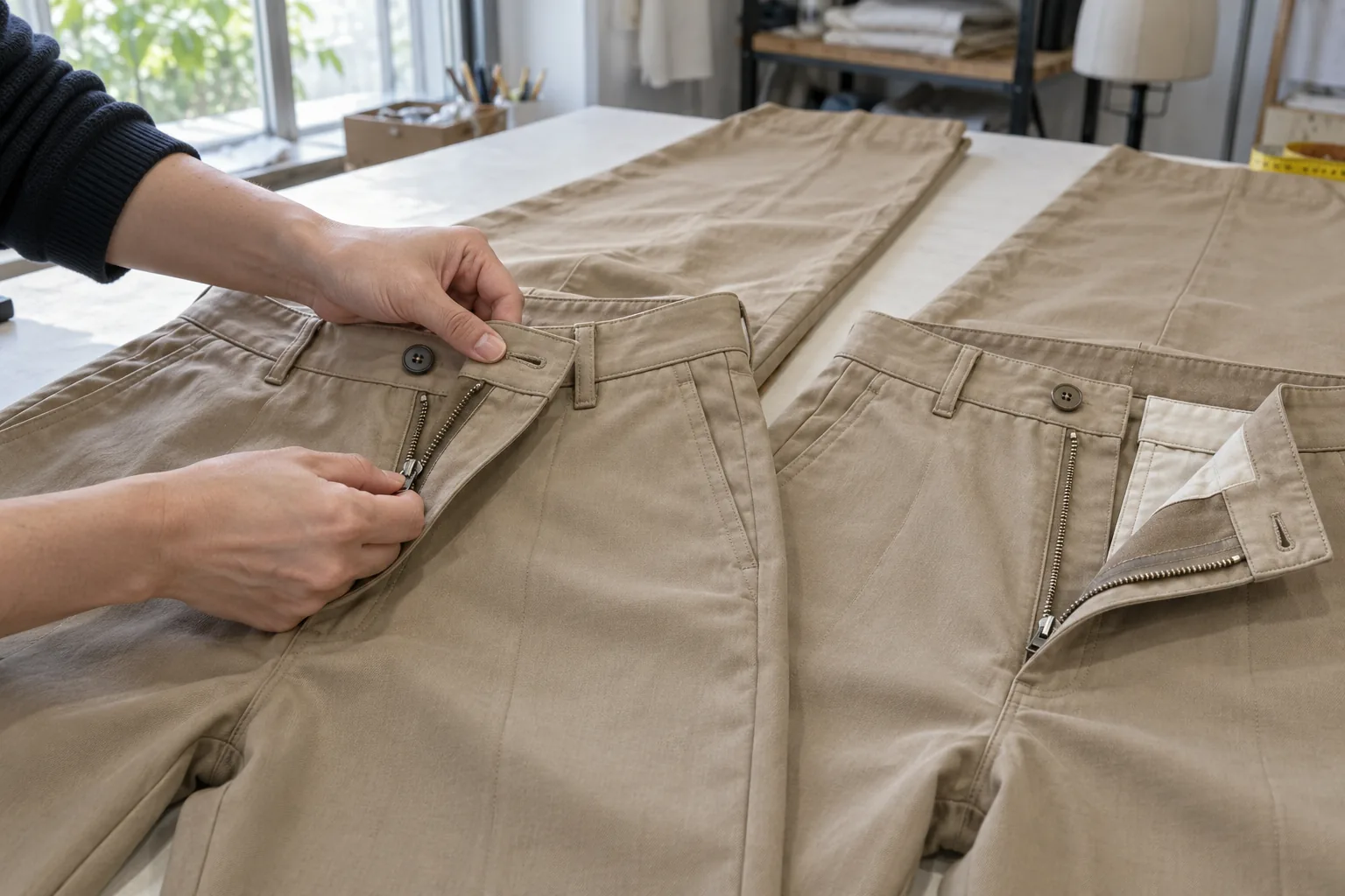 Technician comparing a trouser zipper with an approved sample on a sampling table