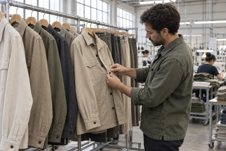 Photorealistic apparel factory documentary photograph of finished neutral-tone overshirts and trousers arranged on a fin