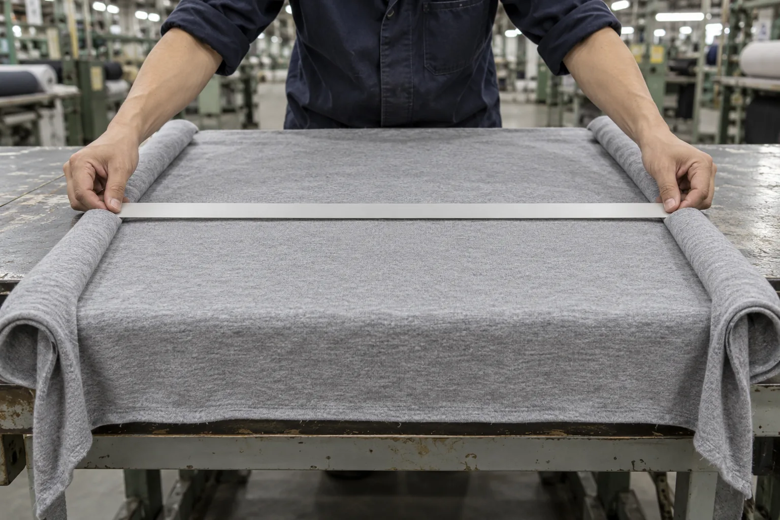 Fabric rolls being assessed beside a garment cutting layout