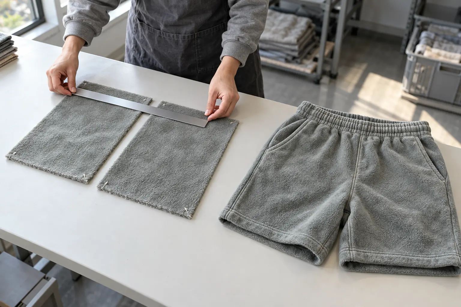 Technician measuring fabric width across an opened roll