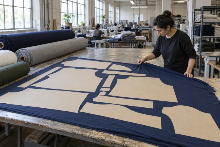 Photorealistic apparel factory documentary photograph, wide cutting table with plain jersey fabric laid flat and unmarke