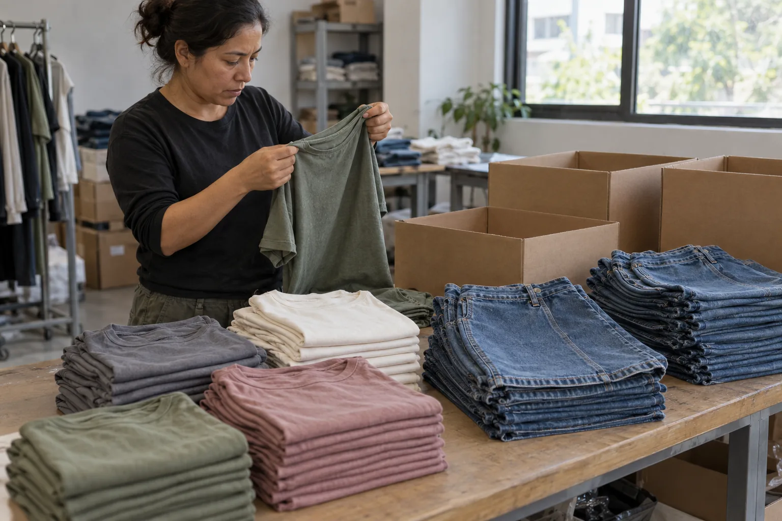 Finished garments arranged for receiving and launch preparation