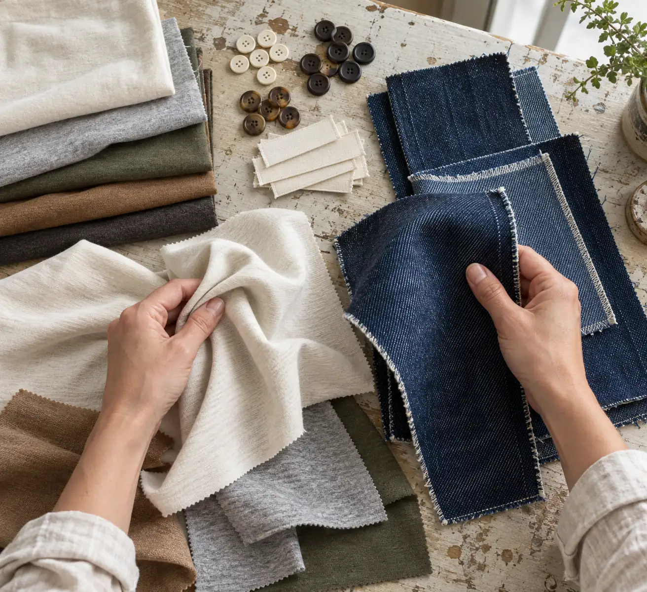 Fabric swatches and garment components reviewed before development