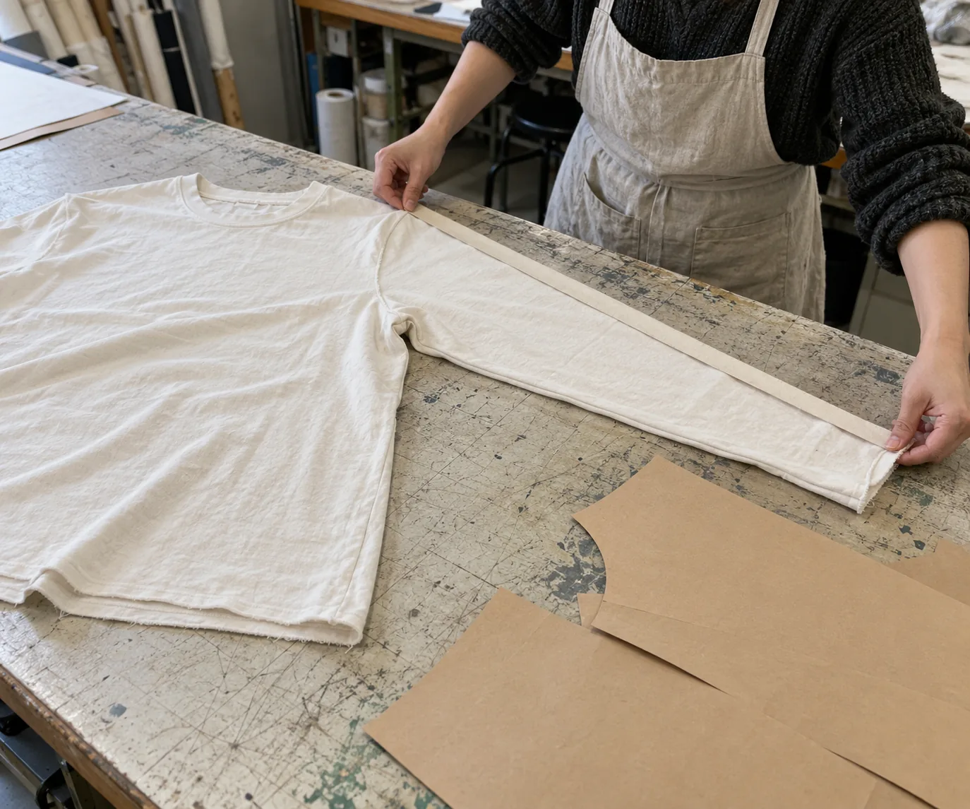 Sample garment being measured on a development table
