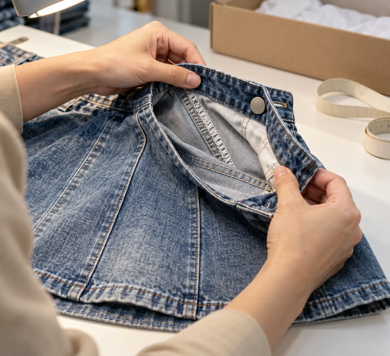 Quality inspector checking a garment seam beside a measurement tape