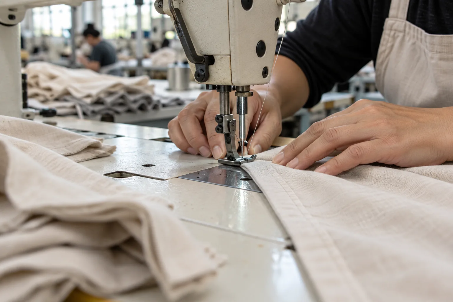 Photorealistic apparel factory documentary photograph of an operator guiding a plain cotton garment through an industria