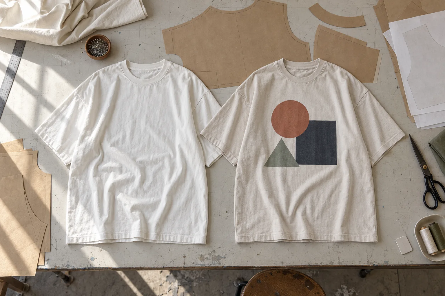Prototype and decorated development garments arranged on a sampling table