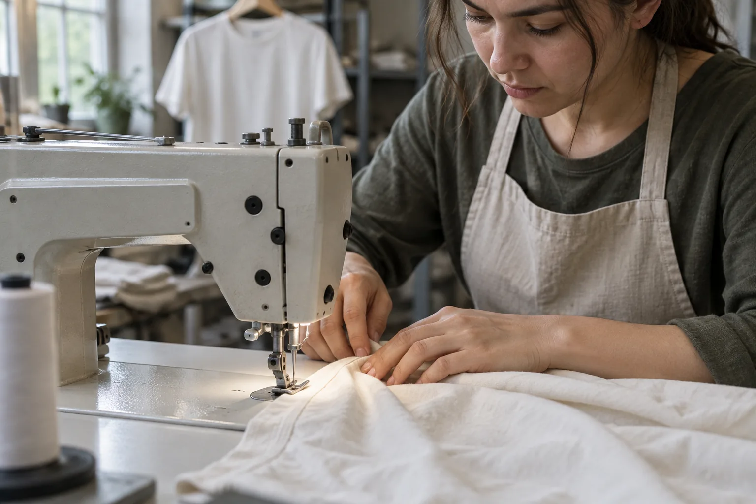 Garment panel being sewn beside an undecorated prototype