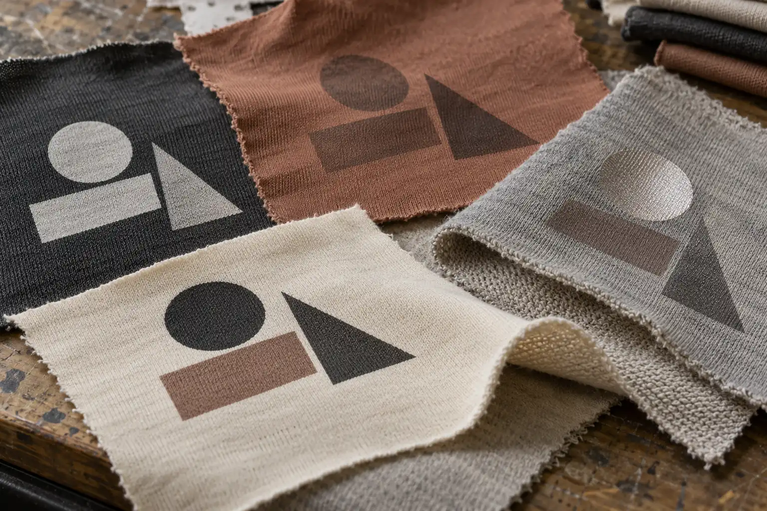 Printed fabric strike-offs showing different finishes under side lighting