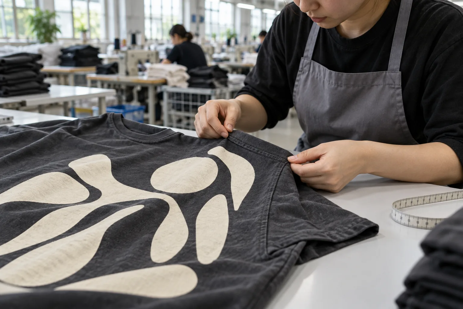 Photorealistic apparel factory documentary photograph of a quality inspector examining a finished charcoal graphic tee o