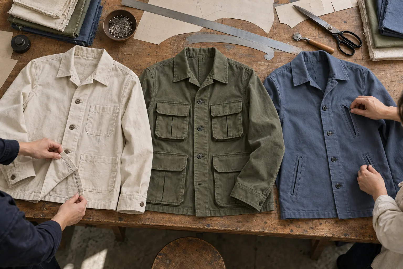 Garment prototypes arranged on a sampling table for construction review