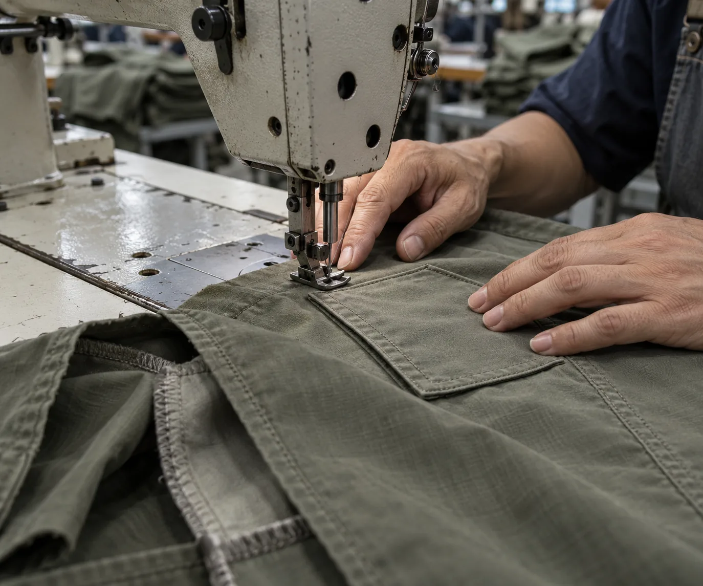Sample machinist sewing a pocket across a shirt panel seam