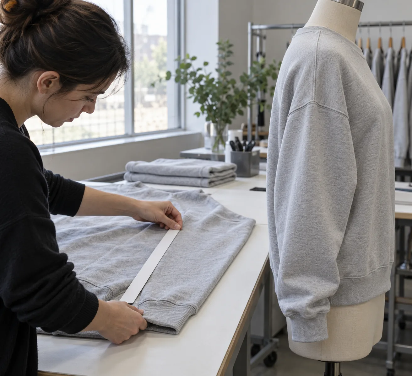 Quality reviewer measuring a sweatshirt sleeve beside the garment on a fit form