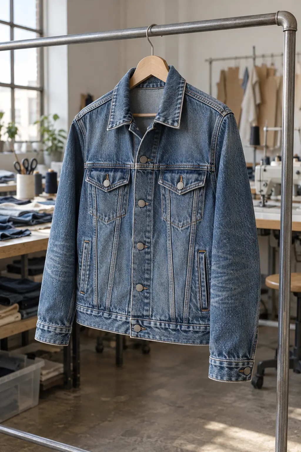 Photorealistic apparel development documentary photograph of a finished unbranded washed denim jacket hanging from a pla