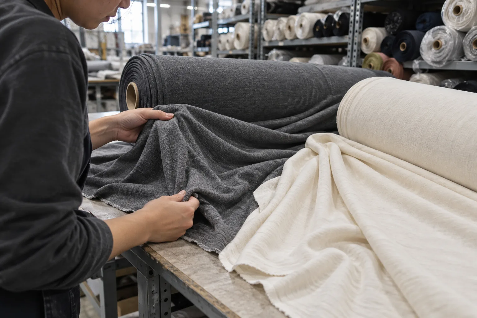 Stock fabric rolls in several colors being compared by texture and weight