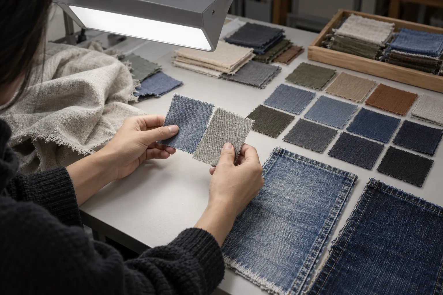 Color development swatches and washed garment samples on a sampling table