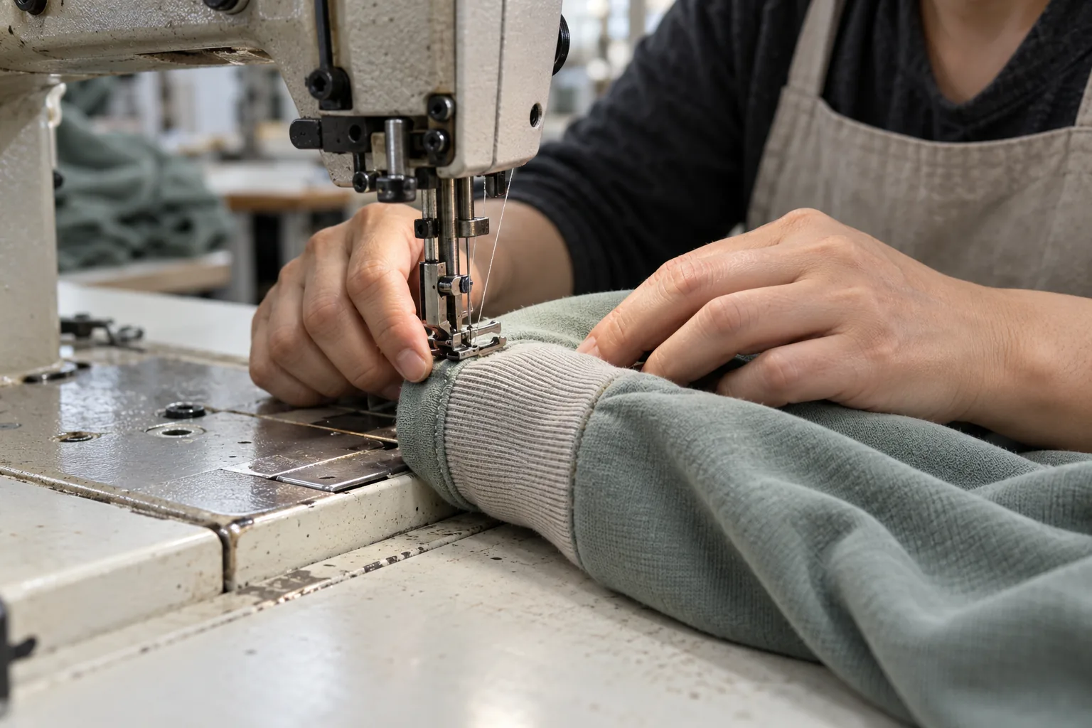 Sewing operator attaching a neutral rib cuff to a colored sweatshirt sleeve