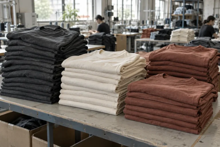Photorealistic apparel factory documentary photograph of finished blank jersey tops in charcoal, cream, and muted rust,