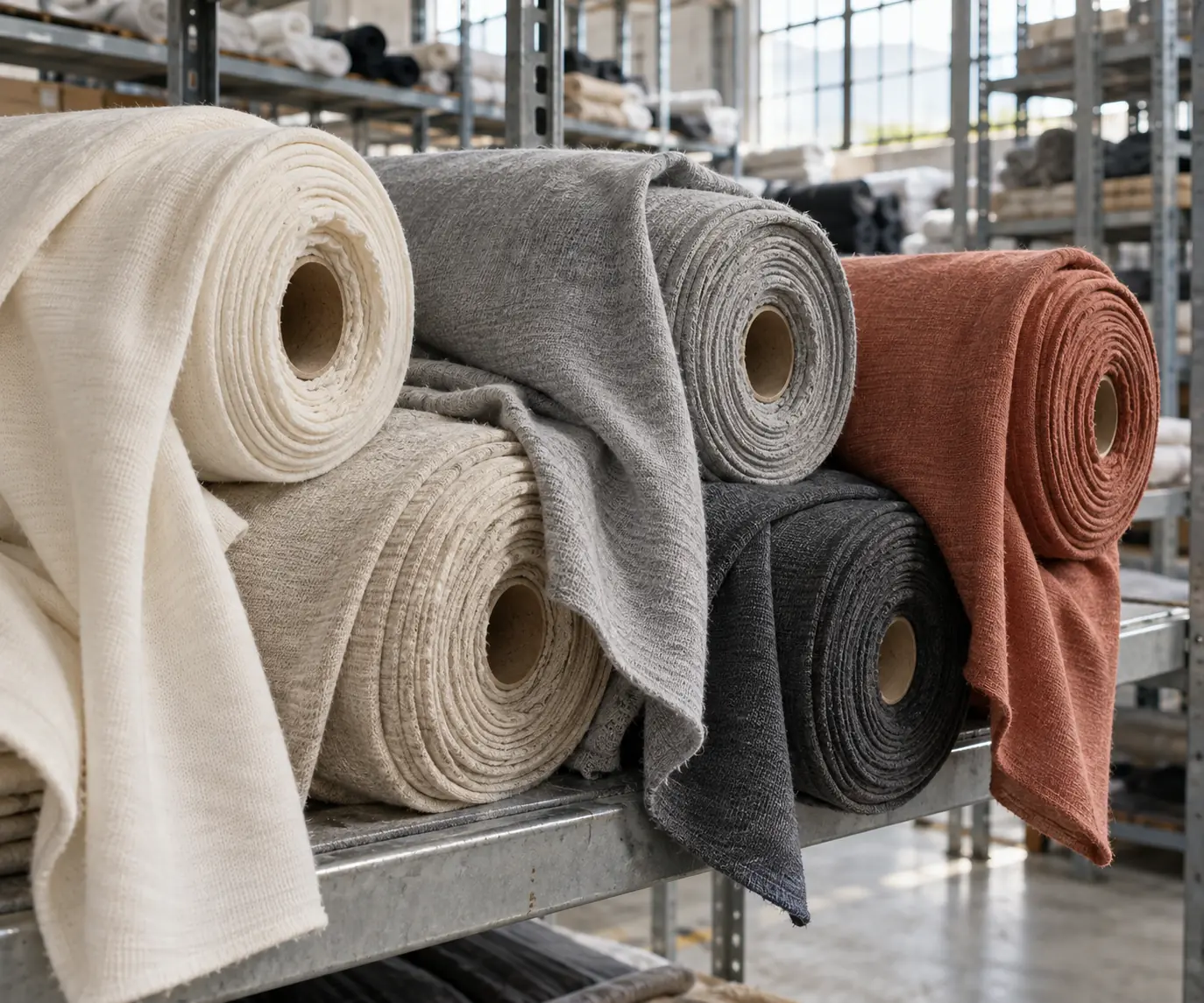 Stock fabric rolls in neutral and accent shades arranged for color selection