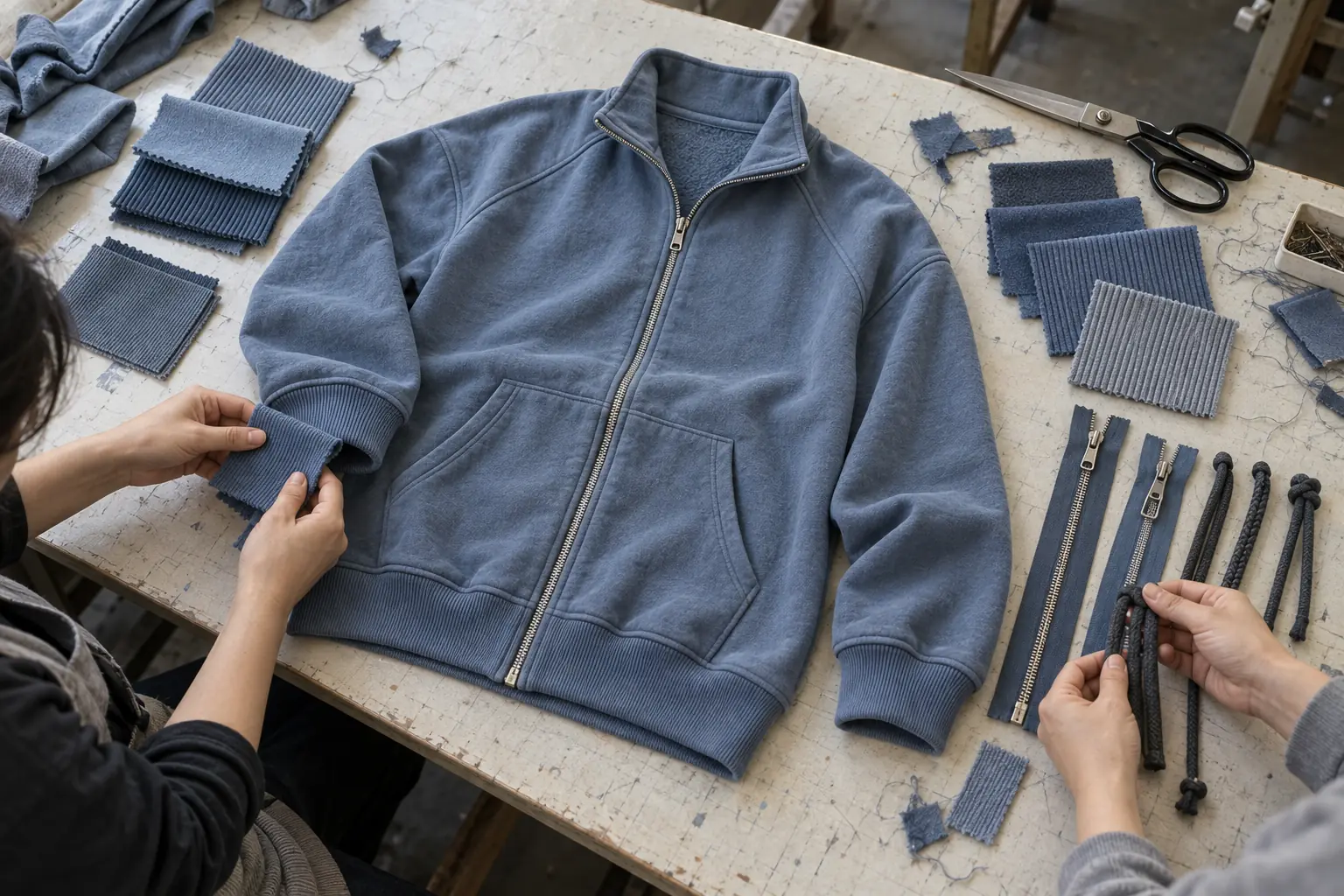 Sweatshirt sample with coordinated rib, zipper tape and drawcord options on a worktable