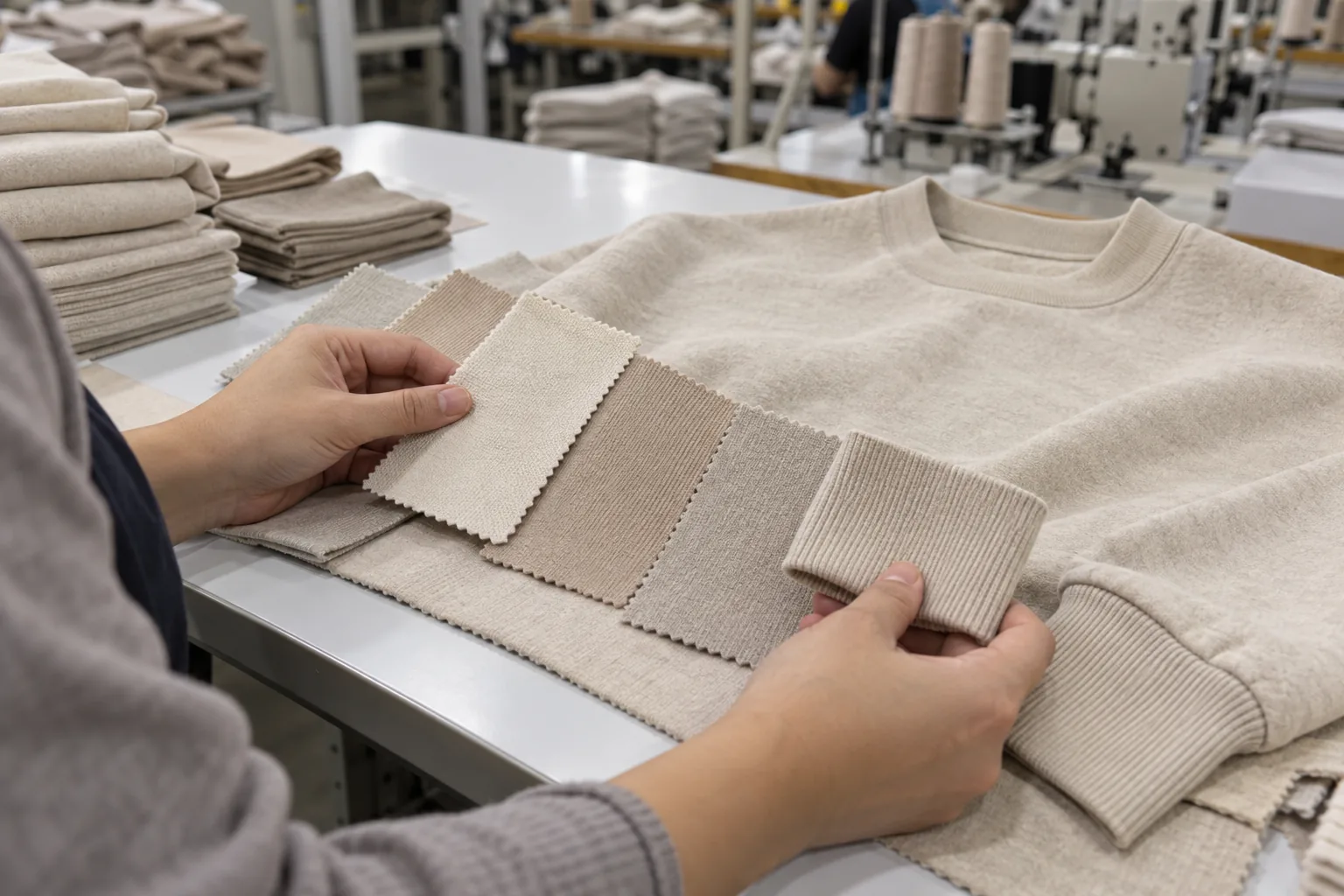 Inspector comparing sweatshirt body fabric and rib with approved color swatches