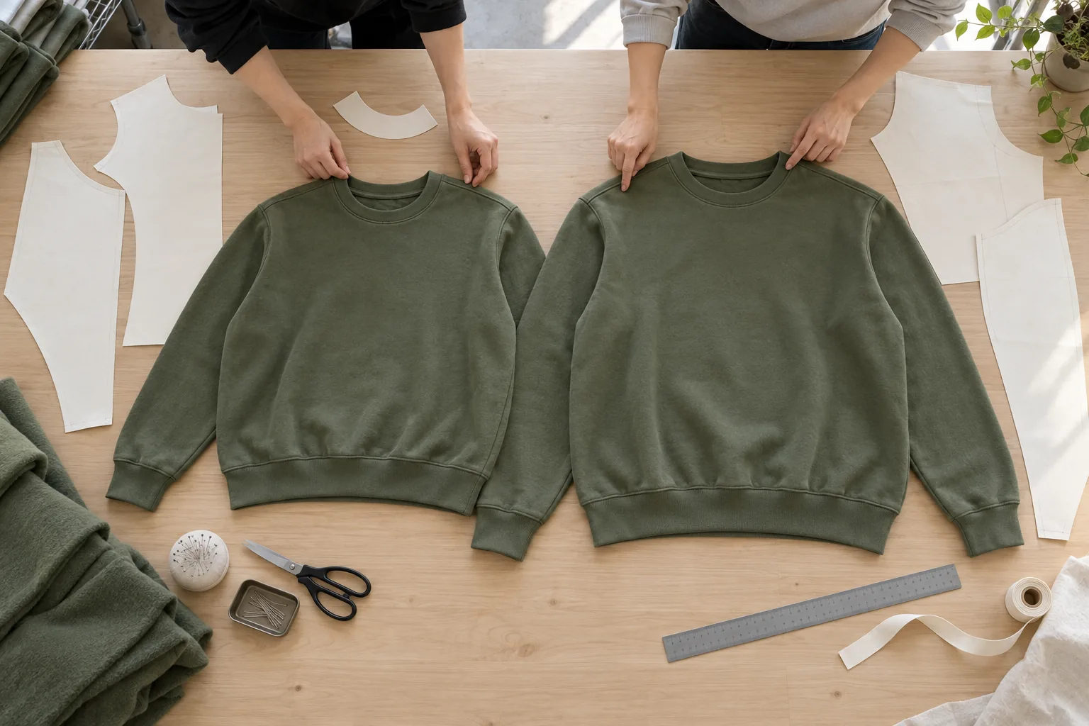 Base-size sweatshirt and larger graded sample arranged on a sampling table