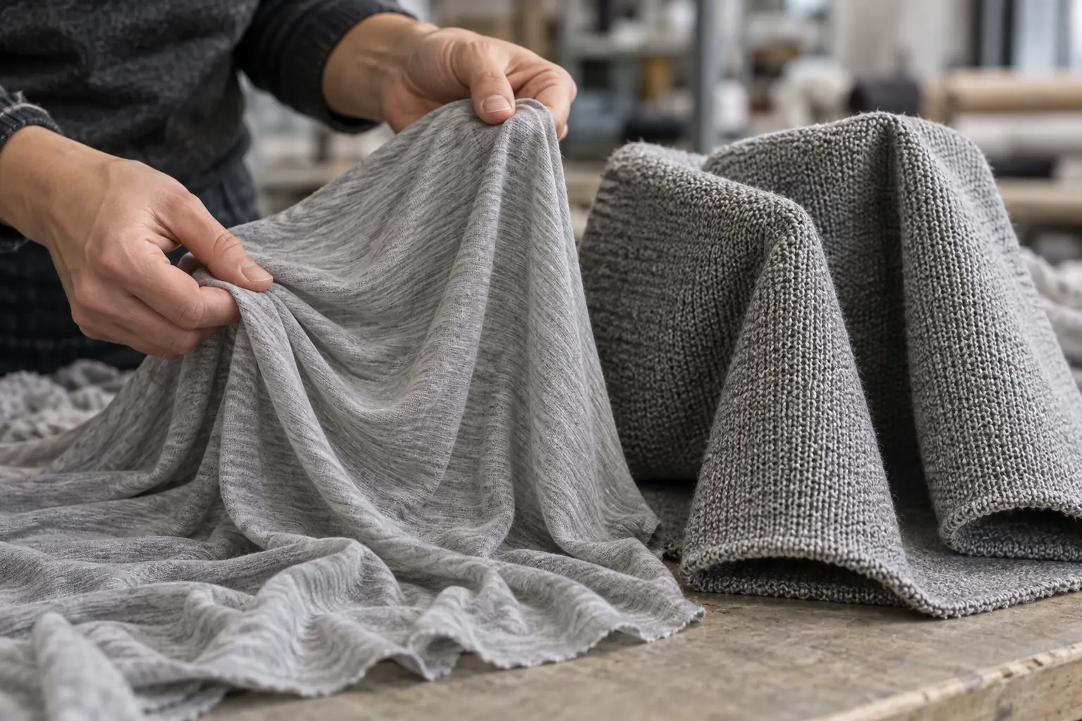 Technician comparing knit fabric swatches for a sweatshirt sample
