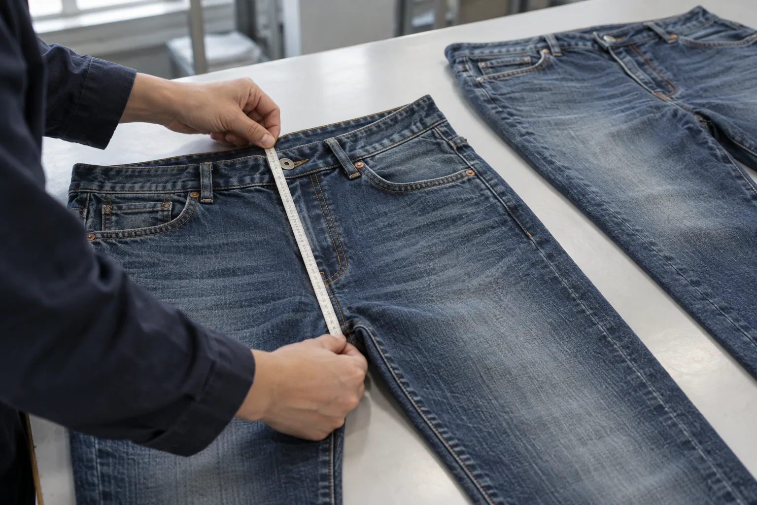 Quality inspector measuring the rise of washed trousers on a flat inspection table