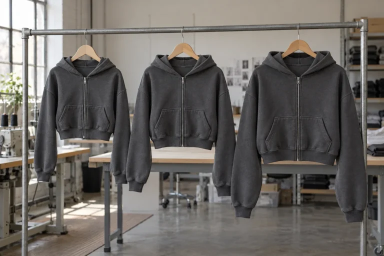 Photorealistic apparel workshop documentary photograph of finished unbranded cropped zip hoodies in three visibly differ